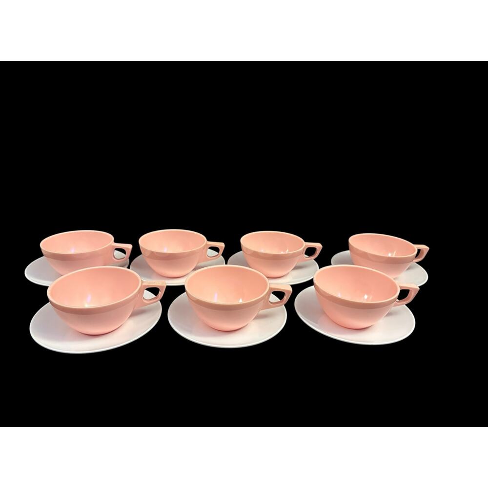 Sun Valley Melmac Set of 7 Pink & White Cup & Saucers Cottagecore Midcentury 50s